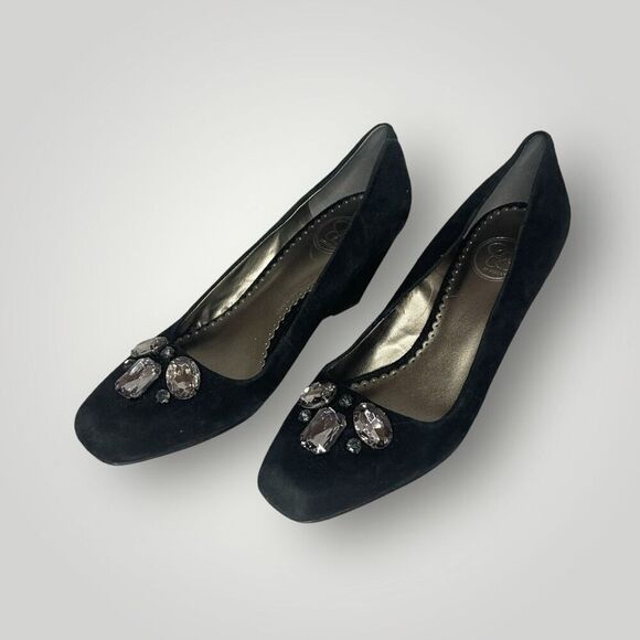 JESSICA SIMPSON Black Velour Wedge w/ Rhinestones Gems, Size 9 - Picture 2 of 9